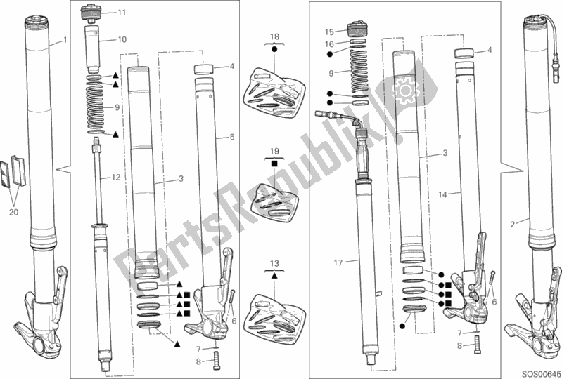 All parts for the Front Fork of the Ducati Multistrada 1200 S D-air 2017